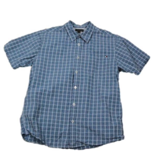 Tommy Hilfiger Men's Light Blue Plaid Short Sleeve Button Front Shirt Size XL - Picture 1 of 5